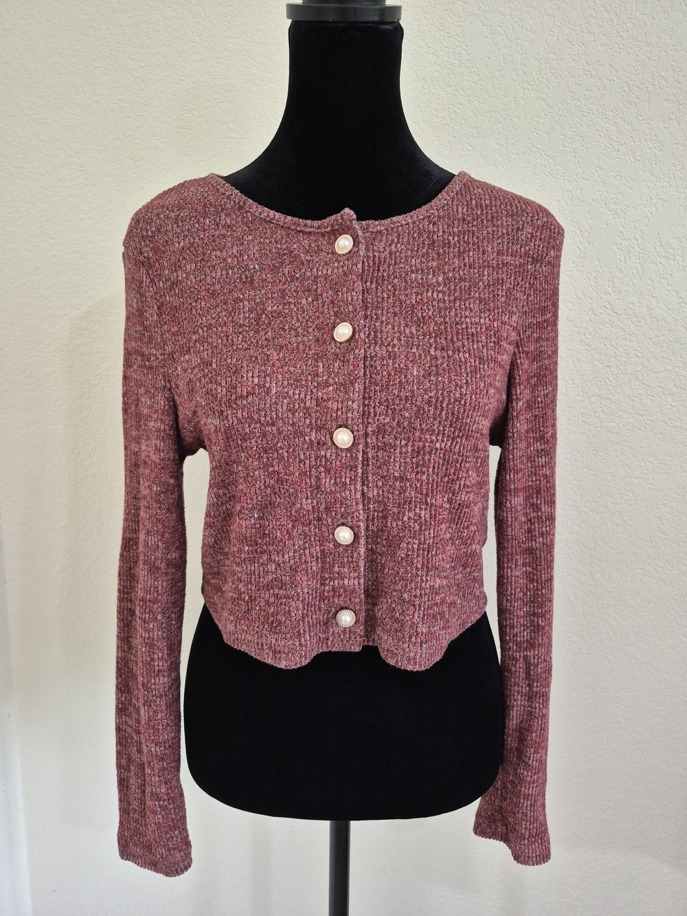 SHEIN Marled Rose Pearl-Button Cropped Cardigan